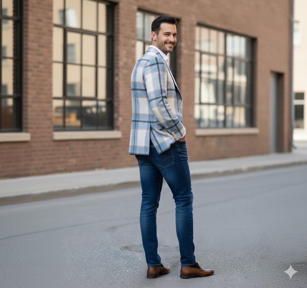 Men Denim White Blazer