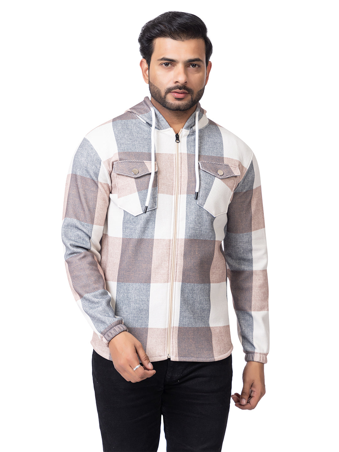 Men’s Checked Hooded Zip-Up Upper with Front Pockets