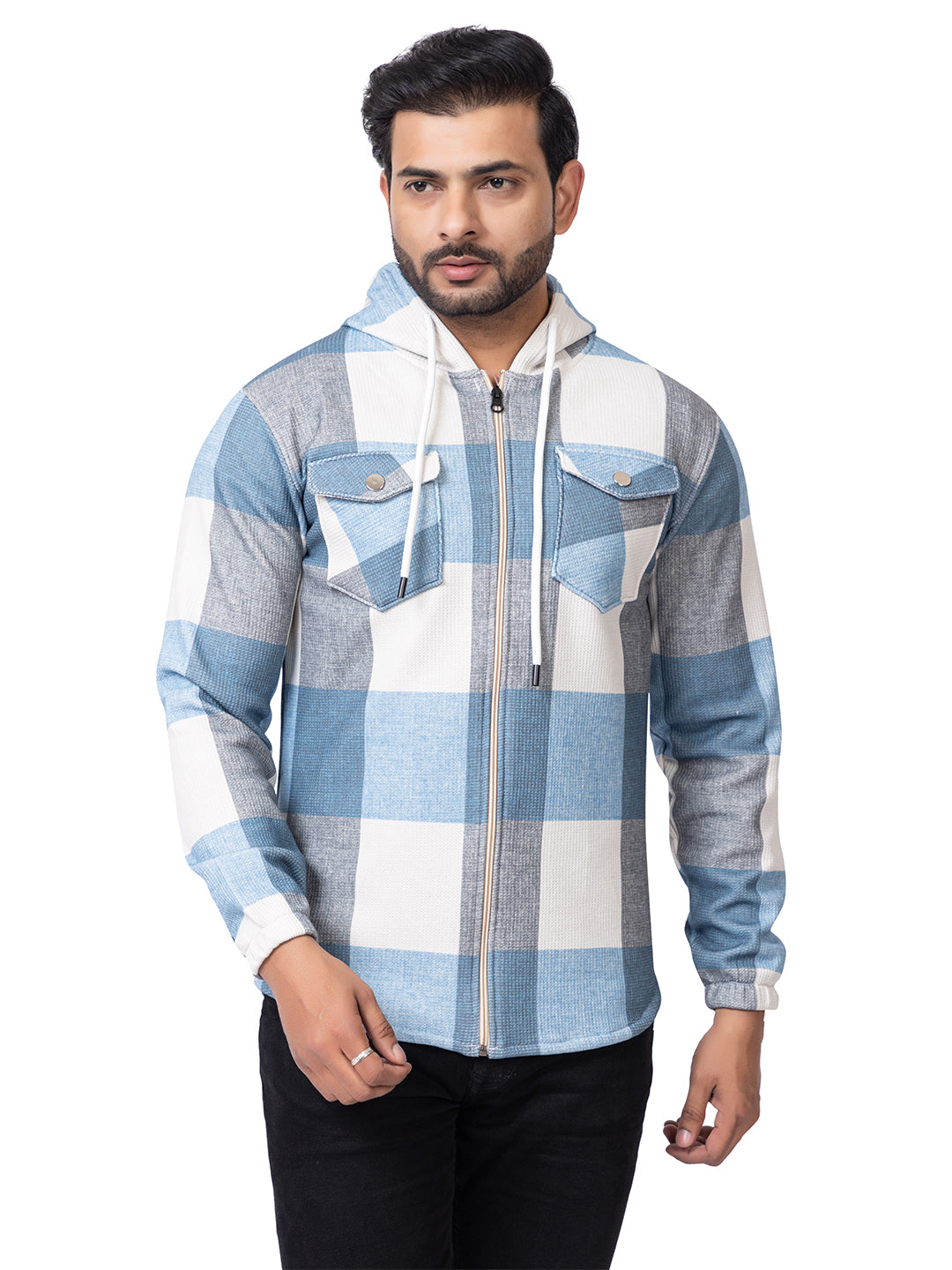 Men’s Checked Hooded Zip-Up Upper with Front Pockets