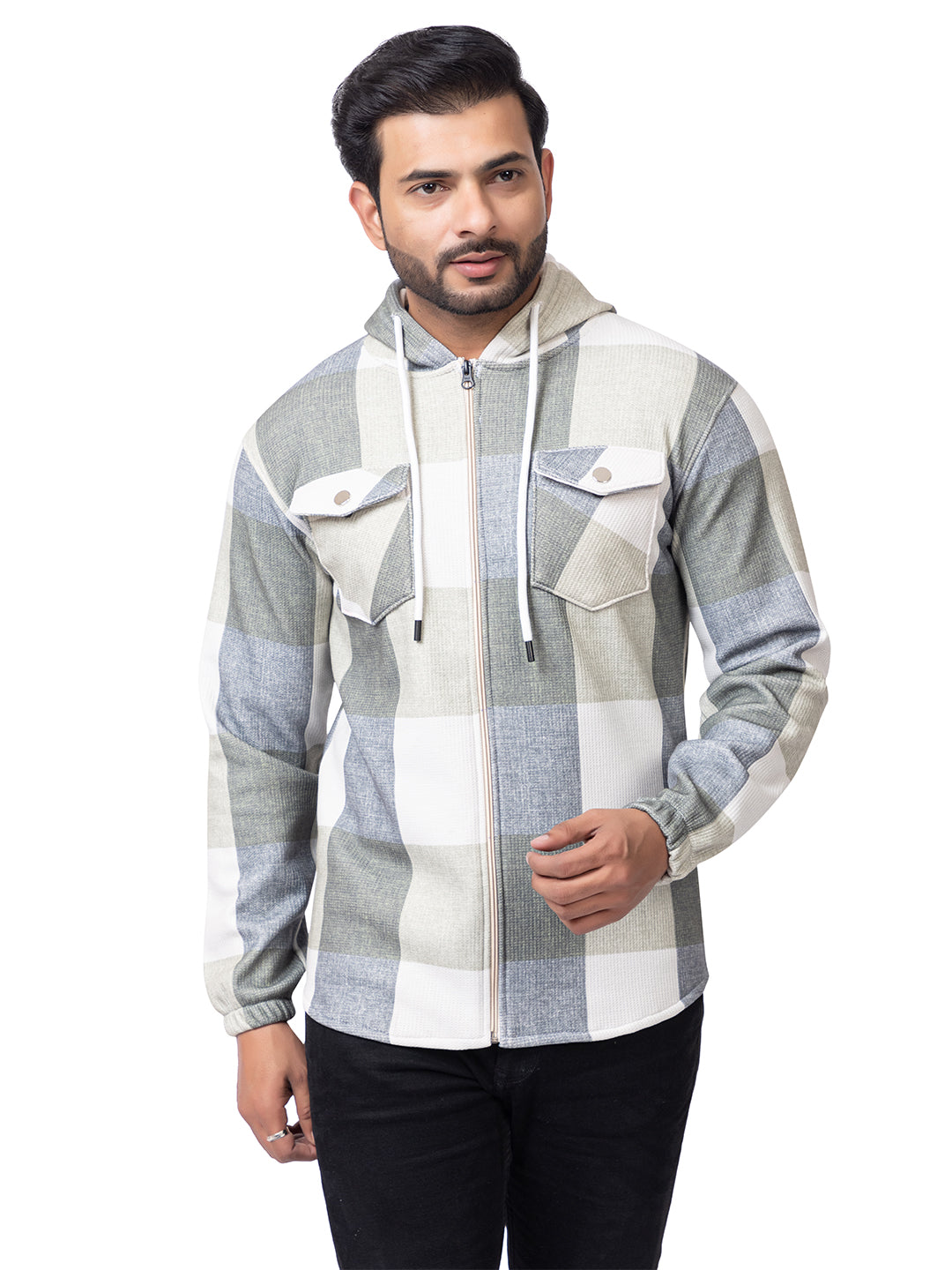 Men’s Checked Hooded Zip-Up Upper with Front Pockets